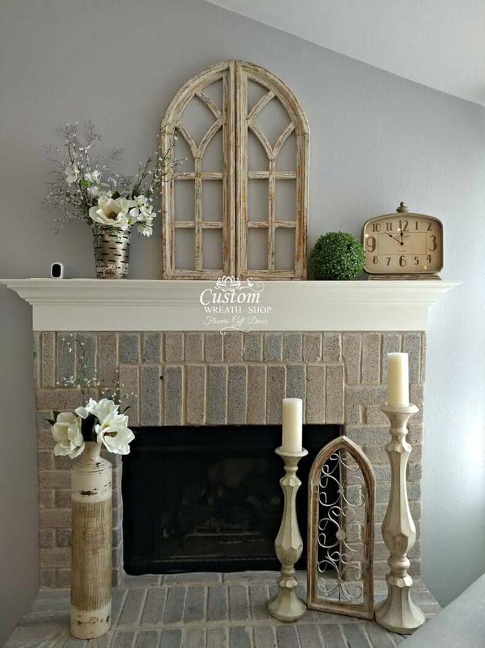 Antique Style Window Frame for Brick Fireplace Mantel #brickfireplace #decorhomeideas