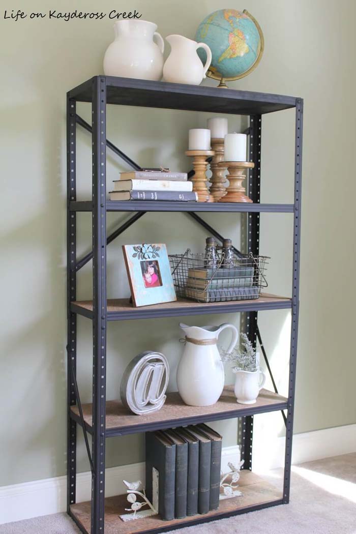 Black Industrial Bookshelf with Wooden Shelves #diybookshelf #decorhomeideas