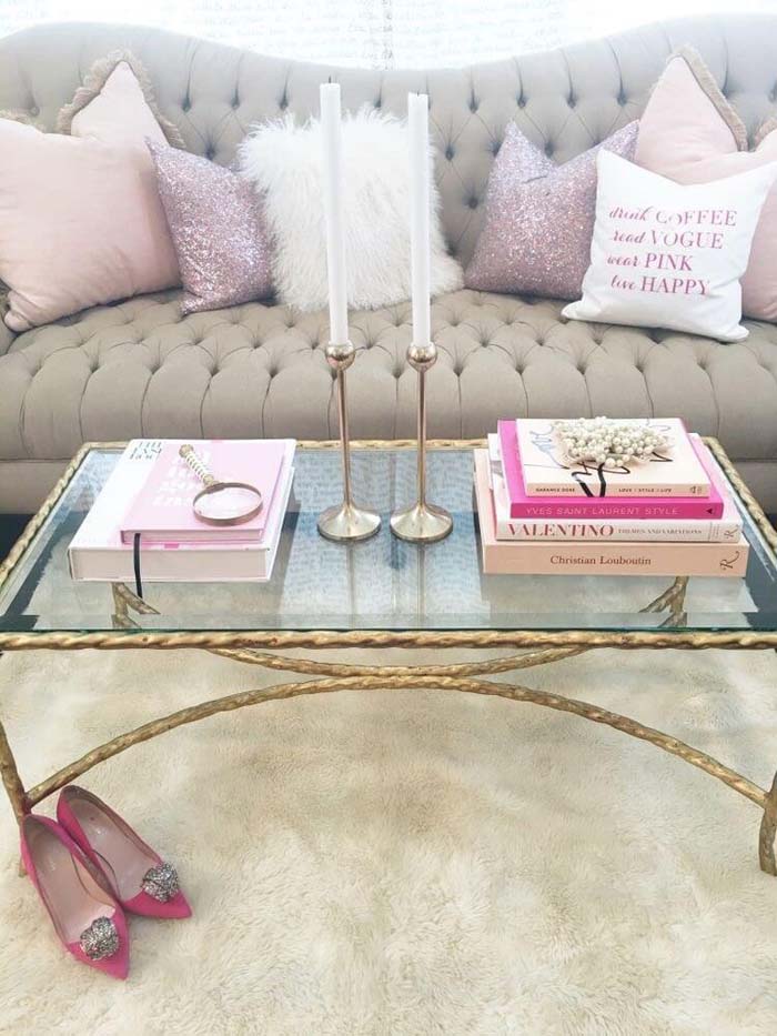 Chic Minimalist Pink and Gold Display with Focal Candlesticks #coffeetabledecor #decorhomeideas