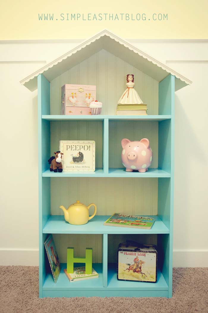 Child's Dollhouse DIY Bookshelf with Pitched Roof #diybookshelf #decorhomeideas