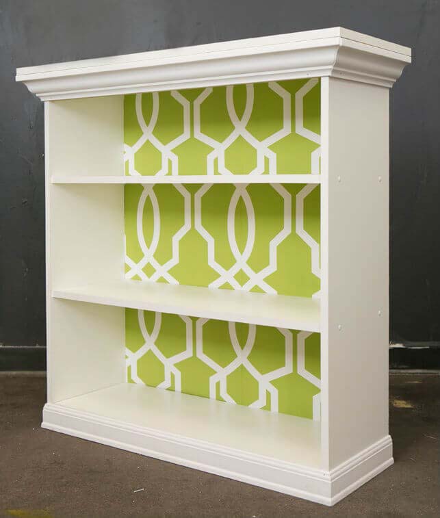 Classic White Storage with Wallpapered Back Panel #diybookshelf #decorhomeideas