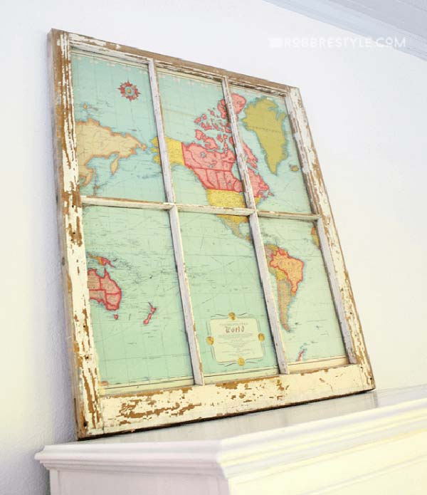 Cool Rustic Window Framed Map #oldwindows #repurpose #decorhomeideas