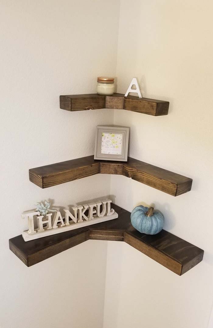 Corner Stained Wooden Floating Shelf System #floatingshelf #organization #decorhomeideas