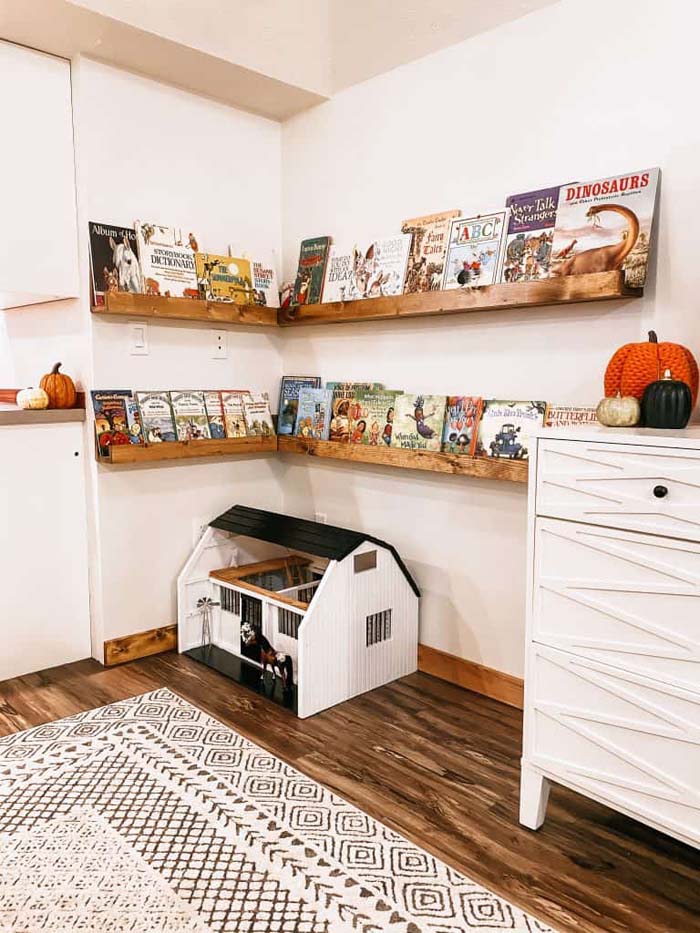 Cozy Corner Book Nook with Wooden Shelves #diybookshelf #decorhomeideas