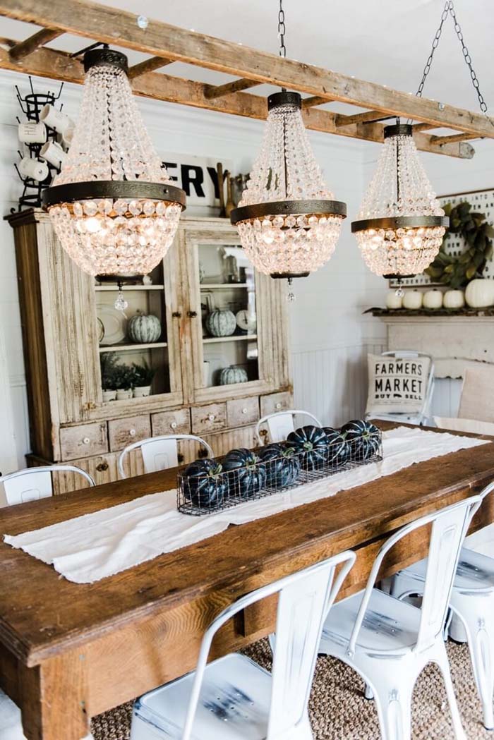 Crystal Chandelier Triad With Wooden Ladder #farmhouse #lighting #decorhomeideas