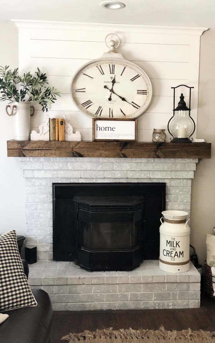 Custom DIY Faux Paneled Wood Farmhouse Mantel #brickfireplace #decorhomeideas