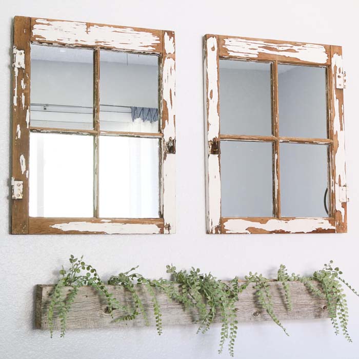 Distressed Window Beautiful Mirror Makeover #oldwindows #repurpose #decorhomeideas