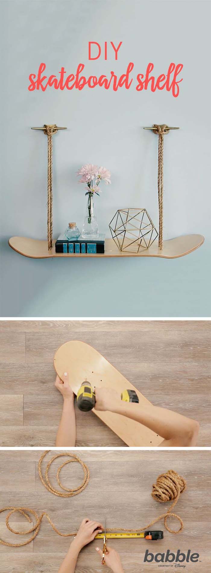 DIY Hanging Recycled Skateboard and Rope Storage #diybookshelf #decorhomeideas