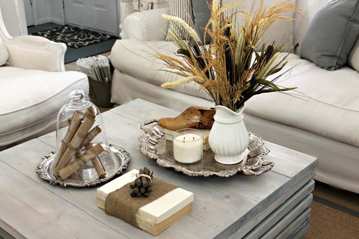 Earth-toned Brown and White Natural Element Display with Silver Accents #coffeetabledecor #decorhomeideas