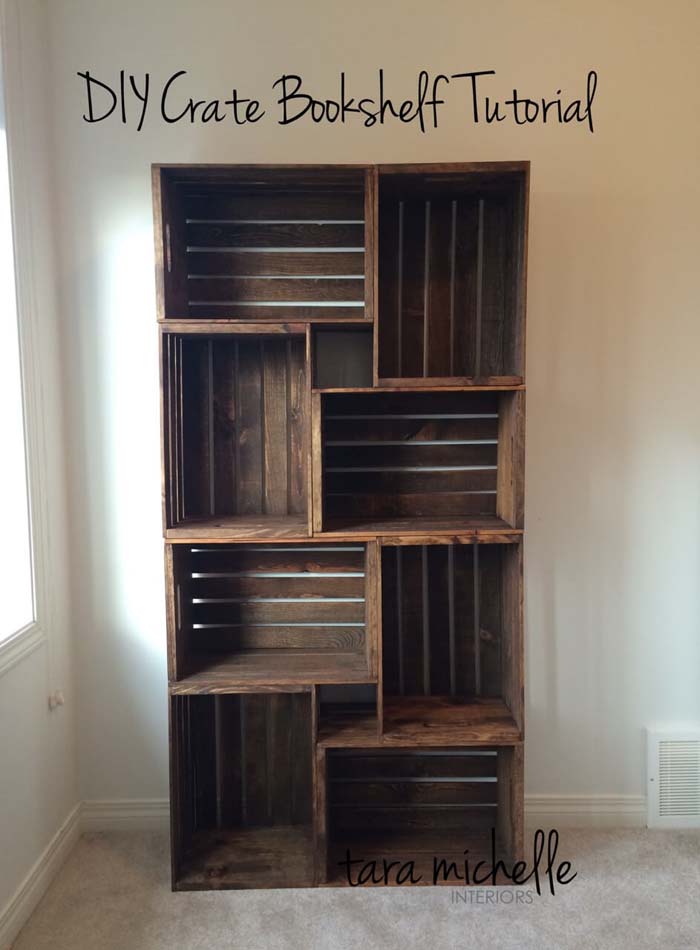 Easy Rustic Stained Wood DIY Crate Storage #diybookshelf #decorhomeideas