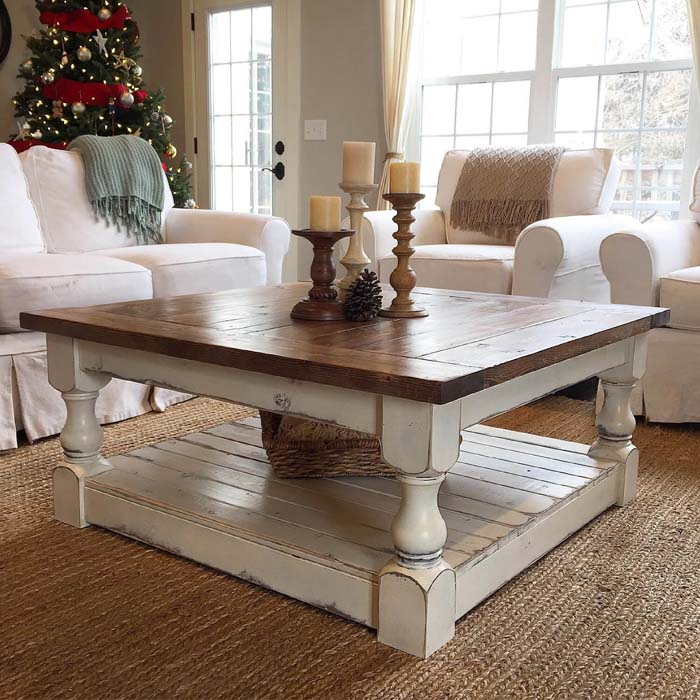 Elegant Solid Wood Topped Table with Turned Wood Candlesticks #coffeetabledecor #decorhomeideas