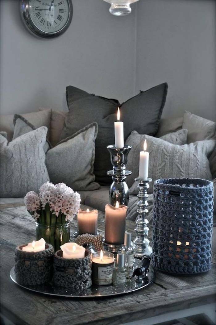 Eye-catching Silver and Glass Candlesticks with Fiber-art Accents #coffeetabledecor #decorhomeideas