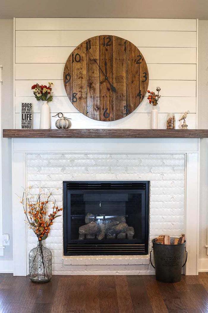 Fabulous Shiplap Mantel with White Brick #brickfireplace #decorhomeideas