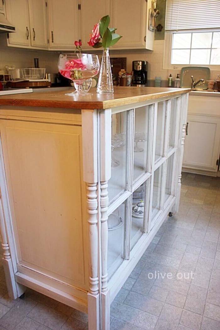 Farmhouse Chic Framed Kitchen Island #oldwindows #repurpose #decorhomeideas