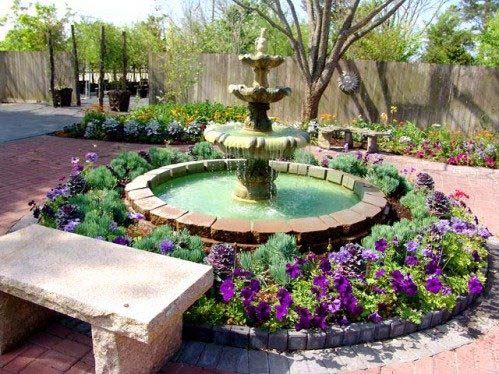 Fountain with Raised Flower Beds #waterfountain #landscaping #decorhomeideas