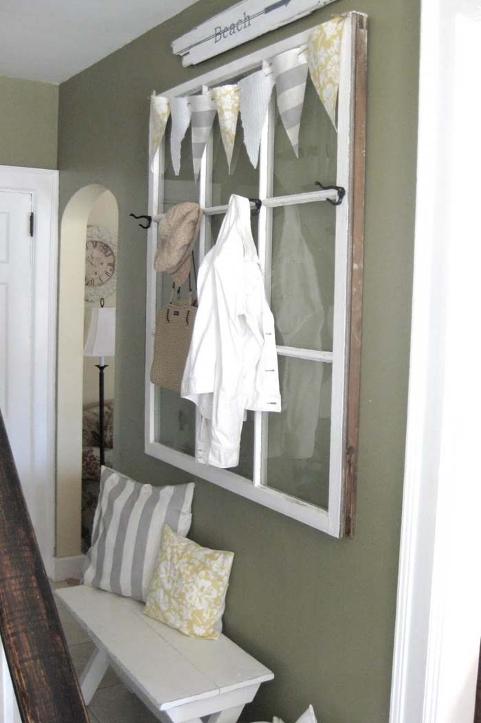 Functional Hallway Hanging Window Storage #oldwindows #repurpose #decorhomeideas