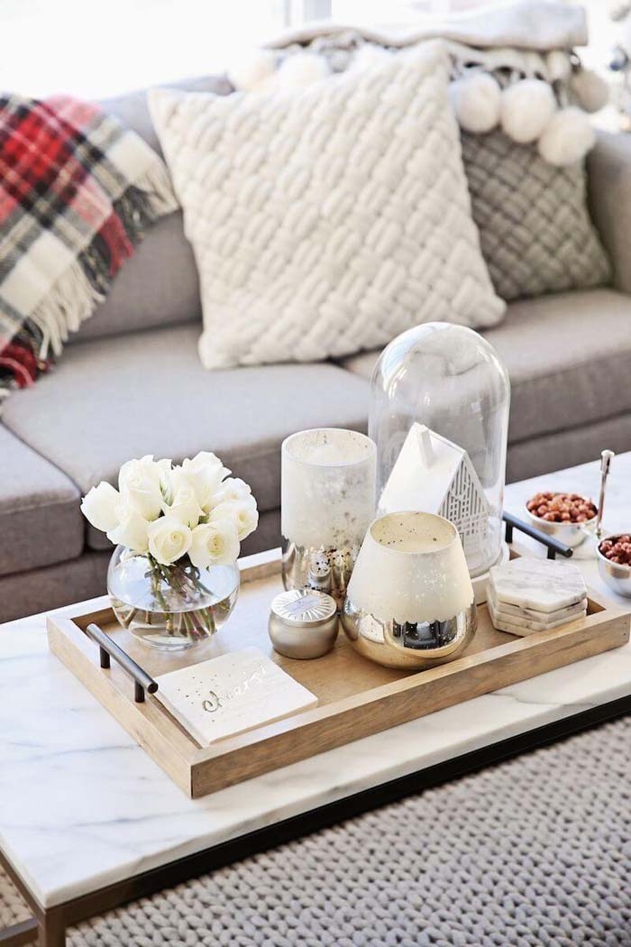 Glass and Gold Tray Display on a Marble-topped Table #coffeetabledecor #decorhomeideas