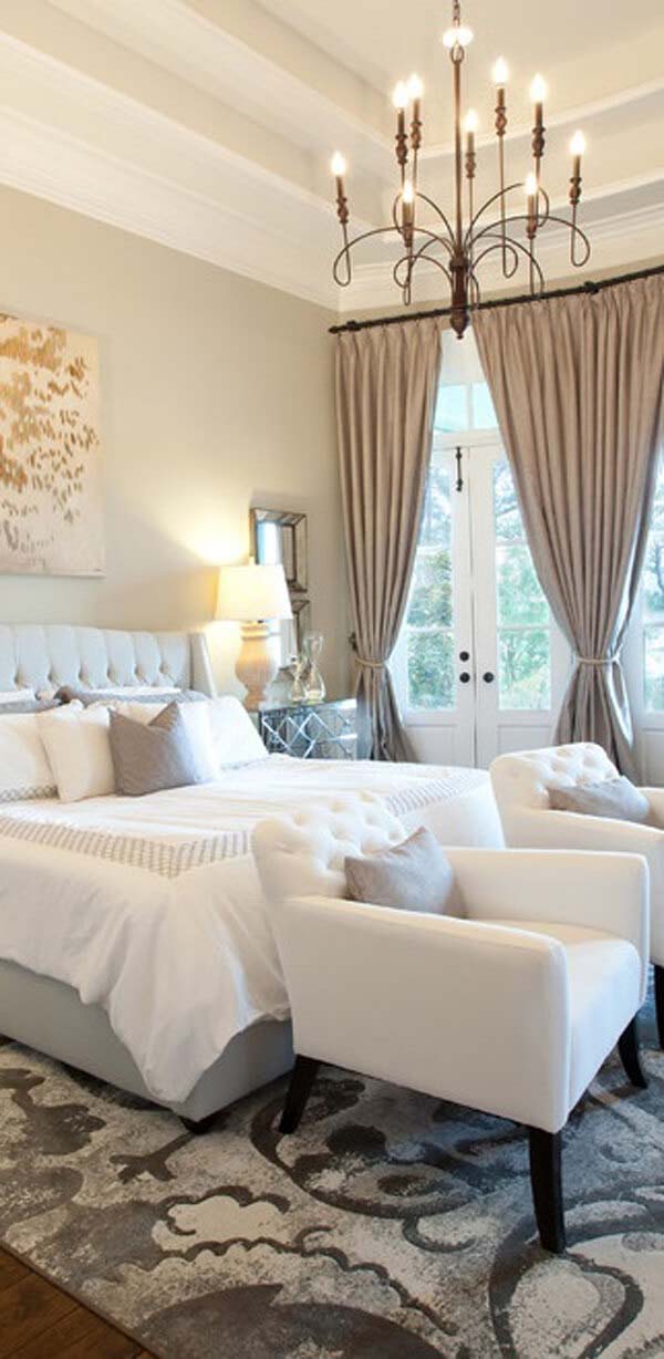 Grey Accents Ground this Sparkling White Bedroom Setting #greybedroom #decorhomeideas