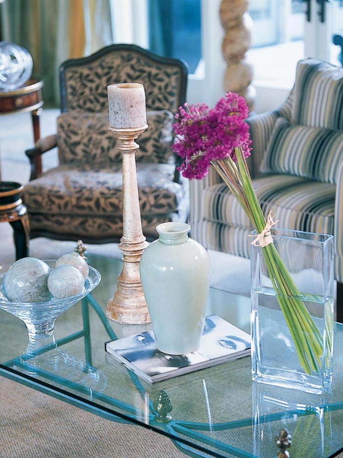 Ice Blue Glass Accented with Gold and a Hand-tied Bouquet #coffeetabledecor #decorhomeideas