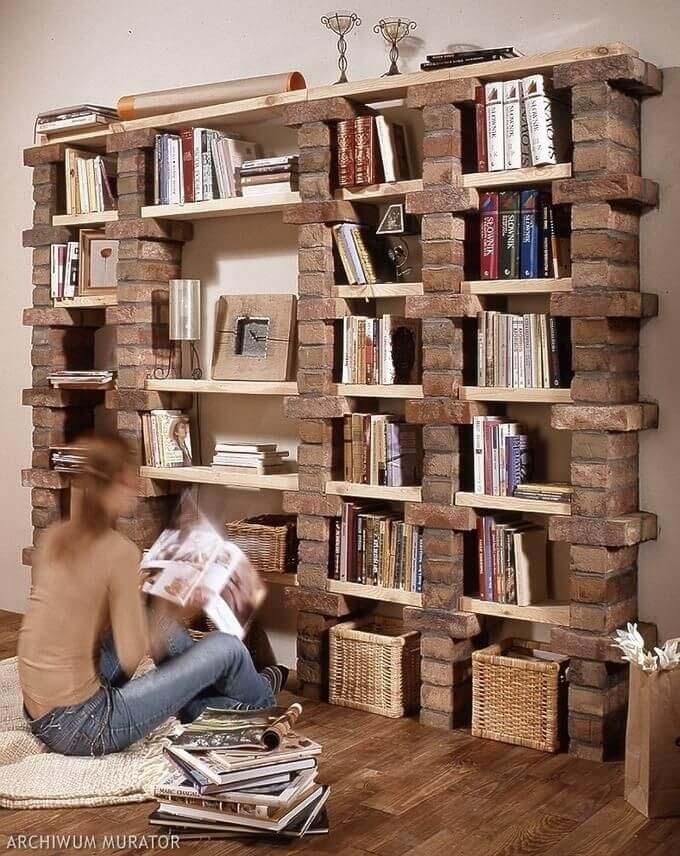 Industrial Rustic Brick and Wood Shelf #diybookshelf #decorhomeideas