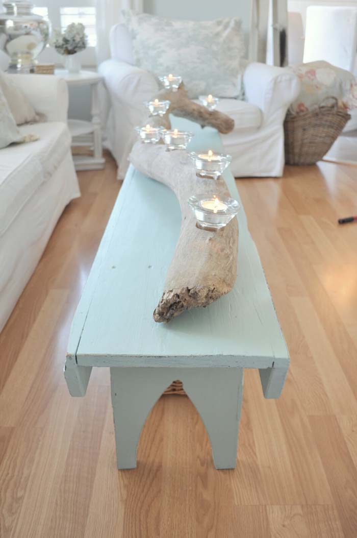 Natural Driftwood Votive Holder on an Upcycled Sea-blue Table #coffeetabledecor #decorhomeideas