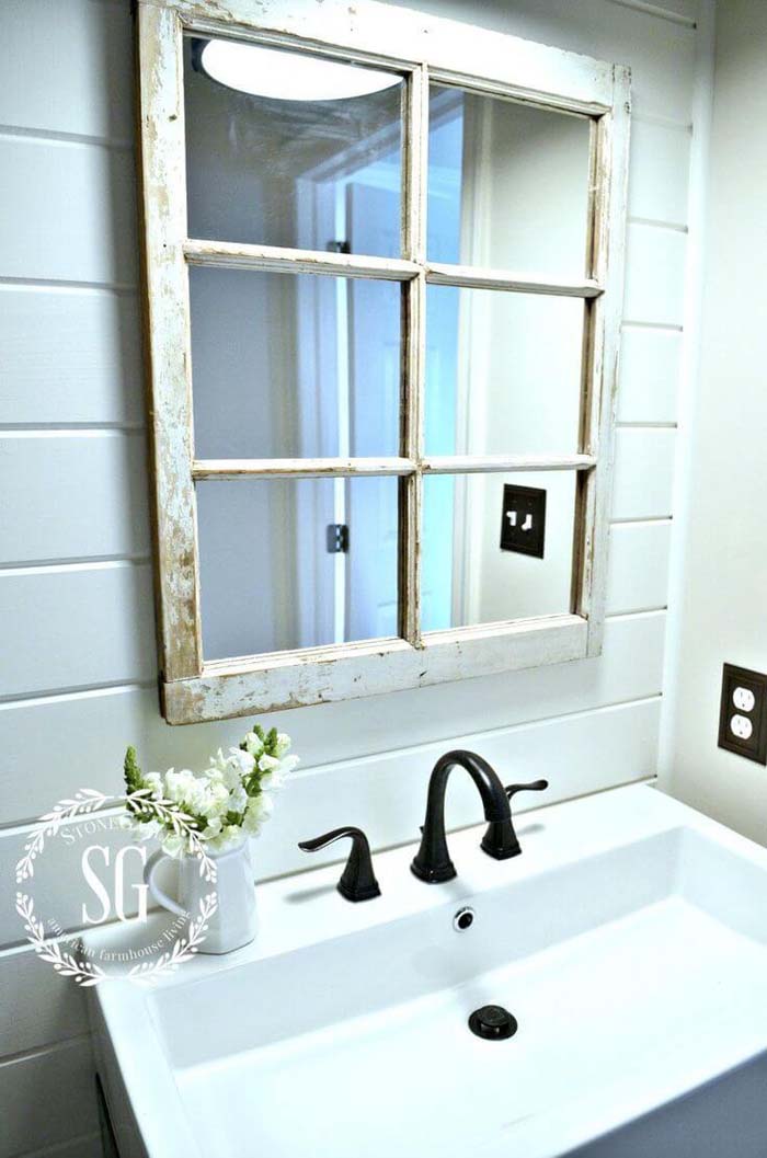 Old Frame, New Bathroom Mirror #oldwindows #repurpose #decorhomeideas