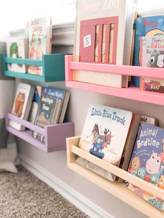 Painted Spice Rack Bookshelves for Playroom #diybookshelf #decorhomeideas