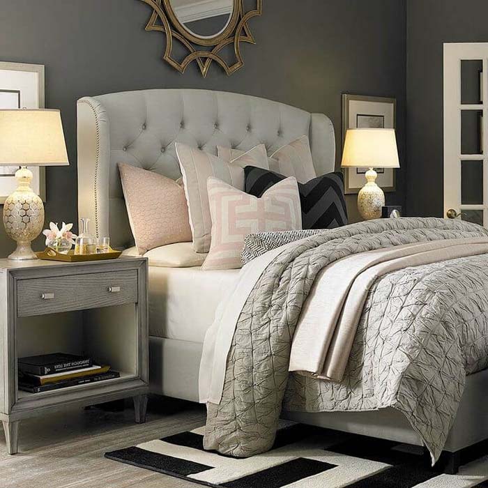 Patterns and Textures Provide Soft Contrasts in a Dramatic Grey Bedroom #greybedroom #decorhomeideas