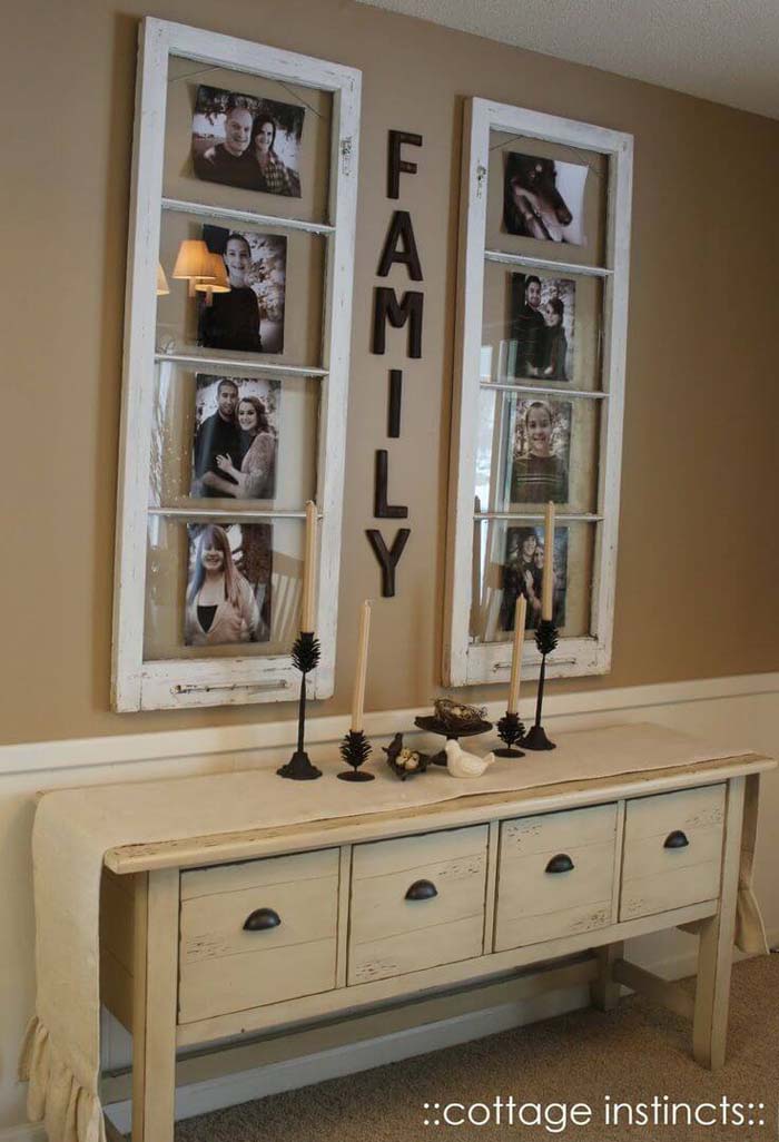 Photos Line Up In One Of The Repurposed Old Window Design #oldwindows #repurpose #decorhomeideas