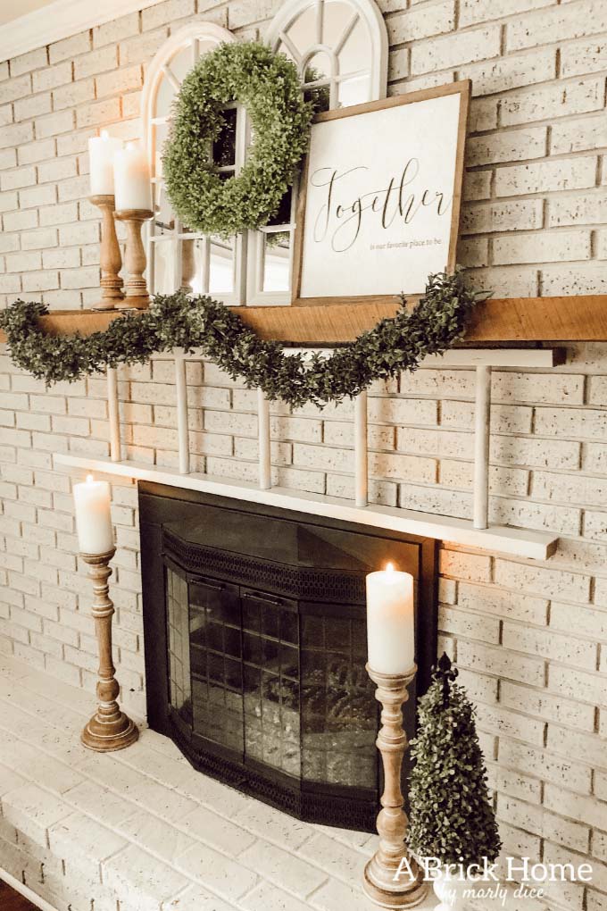 Pretty Cream Brick Fireplace with Unique Mantel #brickfireplace #decorhomeideas
