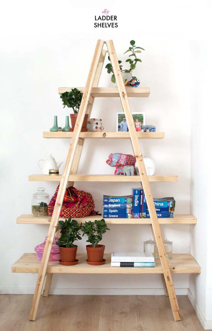 Rustic A-Frame DIY Ladder Shelf #diybookshelf #decorhomeideas