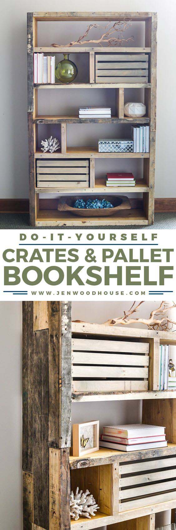 Rustic Bookshelf from Crates and Pallet #diybookshelf #decorhomeideas