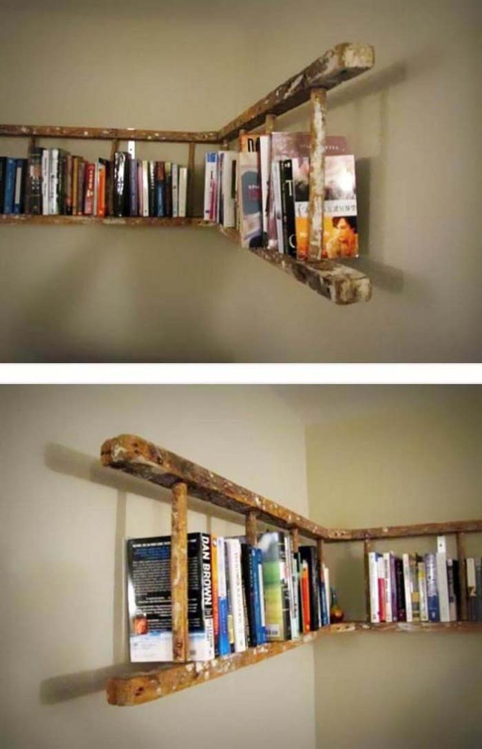 Rustic Recycled Wood Ladder Horizontal Bookshelf #diybookshelf #decorhomeideas