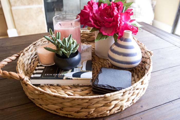 Simple Succulent Planter and Candles in Raffia Tray Basket #coffeetabledecor #decorhomeideas