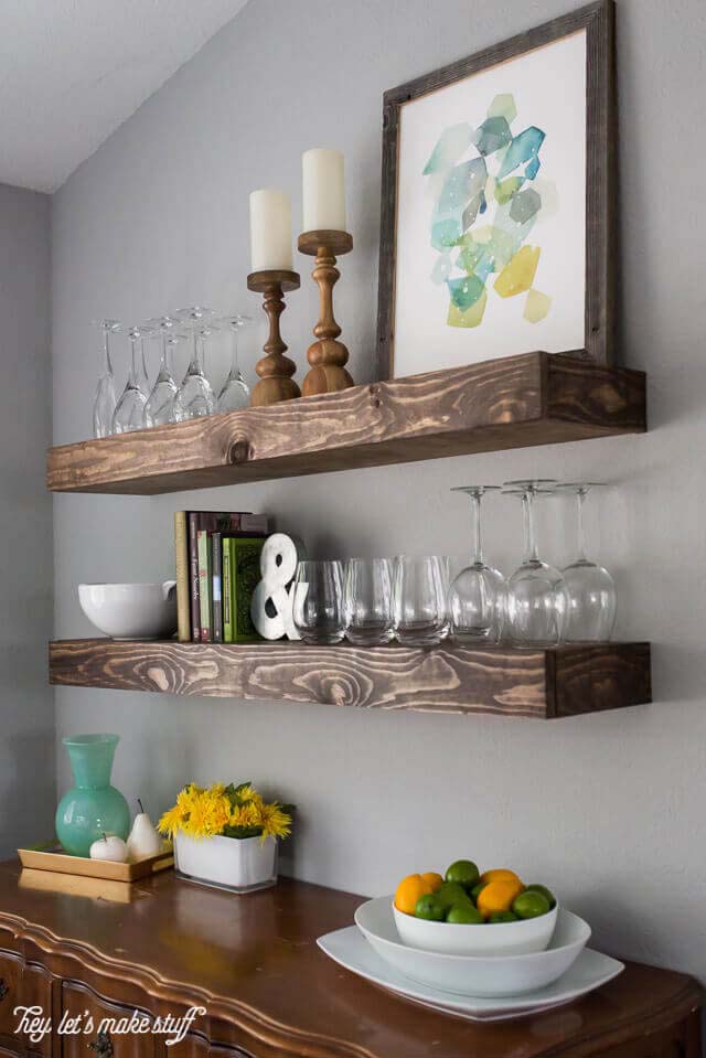 Stained Wooden Block Floating Shelves #floatingshelf #organization #decorhomeideas