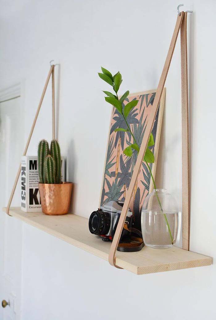 Suspended Leather Strap Hanging Design #diybookshelf #decorhomeideas