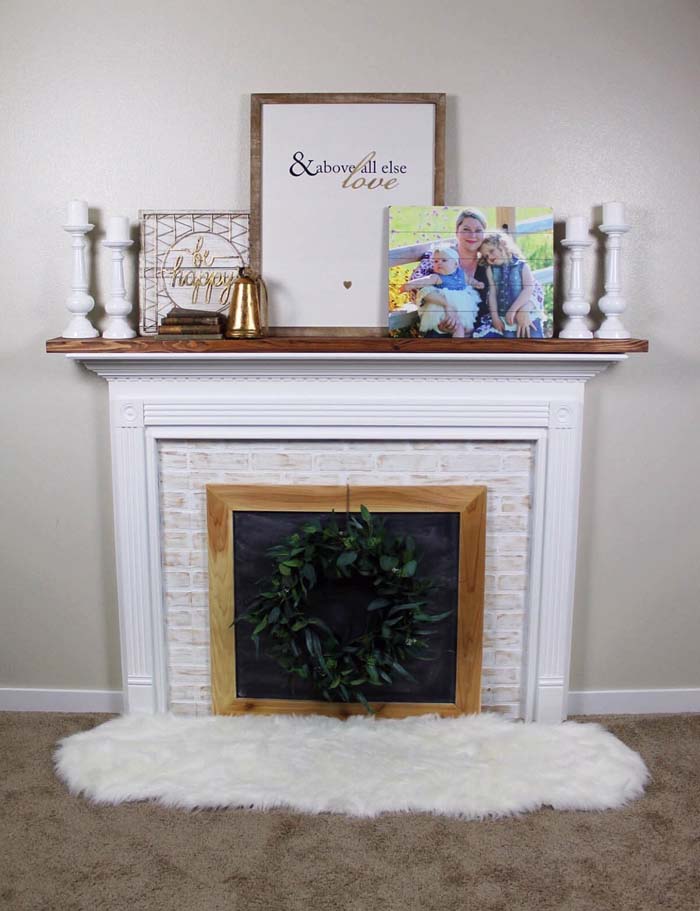 Timeless Whitewashed Brick and Wood Framed Fireplace #brickfireplace #decorhomeideas