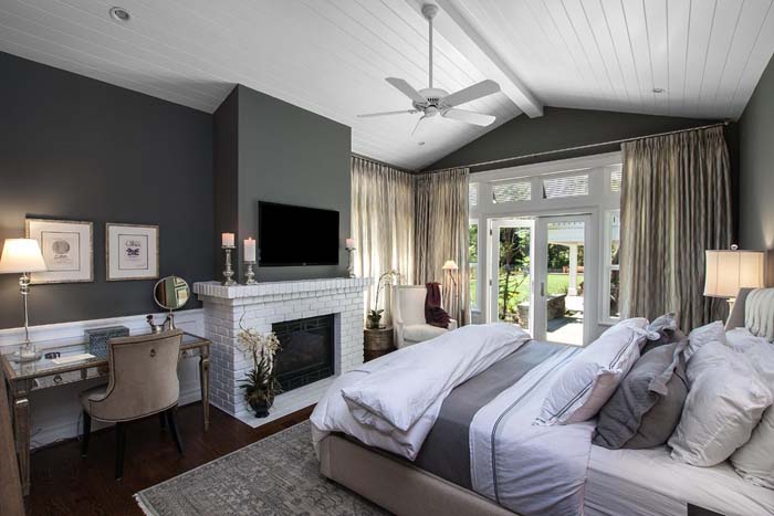 Transitional Master Dark Wood Floor Bedroom #greybedroom #decorhomeideas