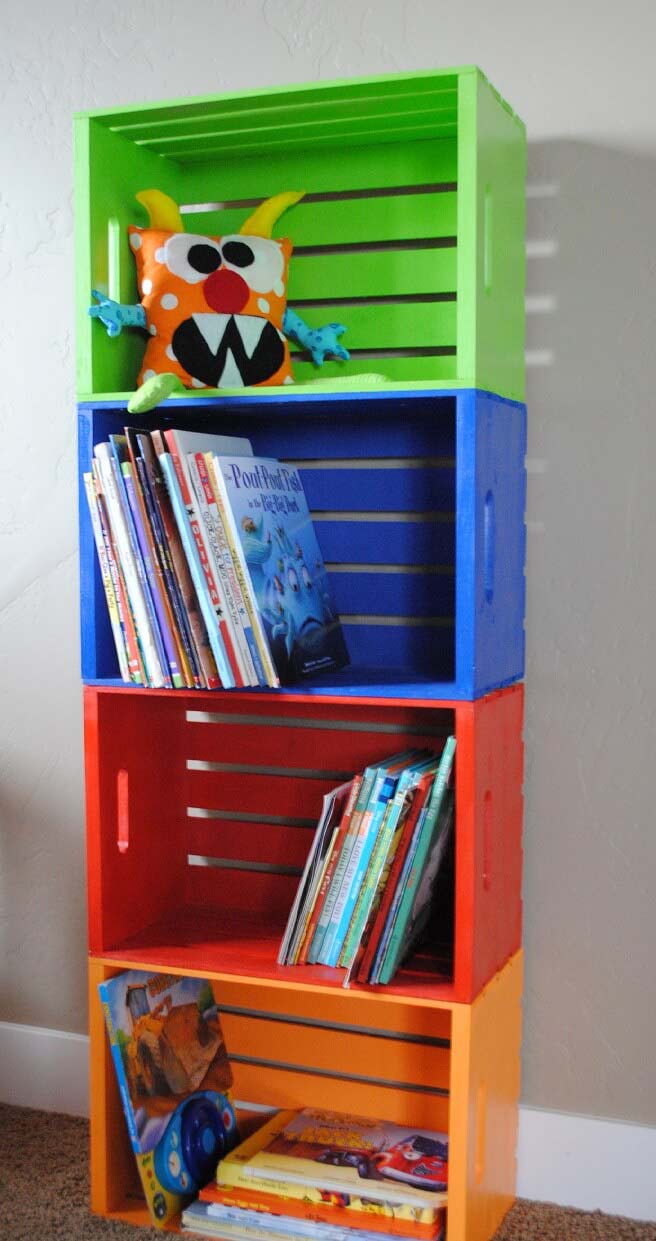 Very Easy and Colorful Crate for Children #diybookshelf #decorhomeideas