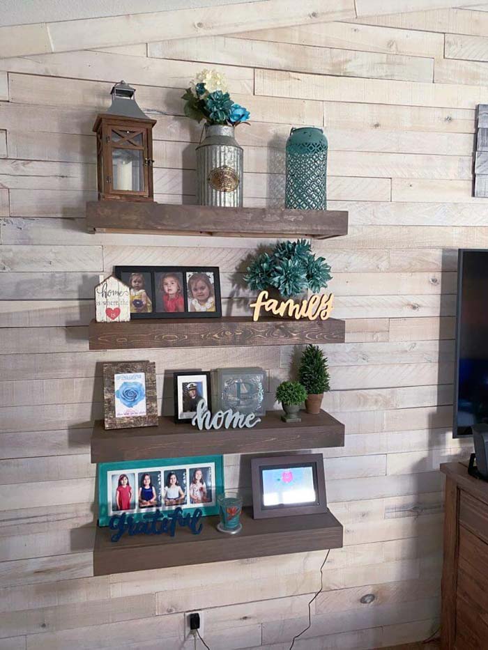 Warm Brown Platform Wooden Floating Shelf System #floatingshelf #organization #decorhomeideas