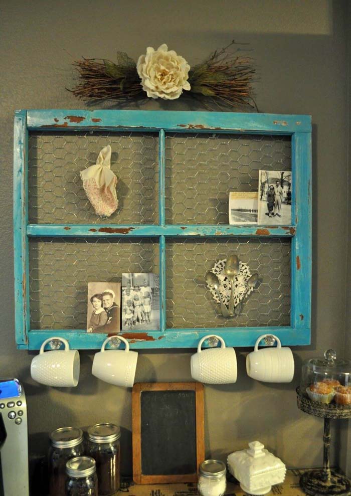 Wire And Hooks Make A Kitchen Rack #oldwindows #repurpose #decorhomeideas