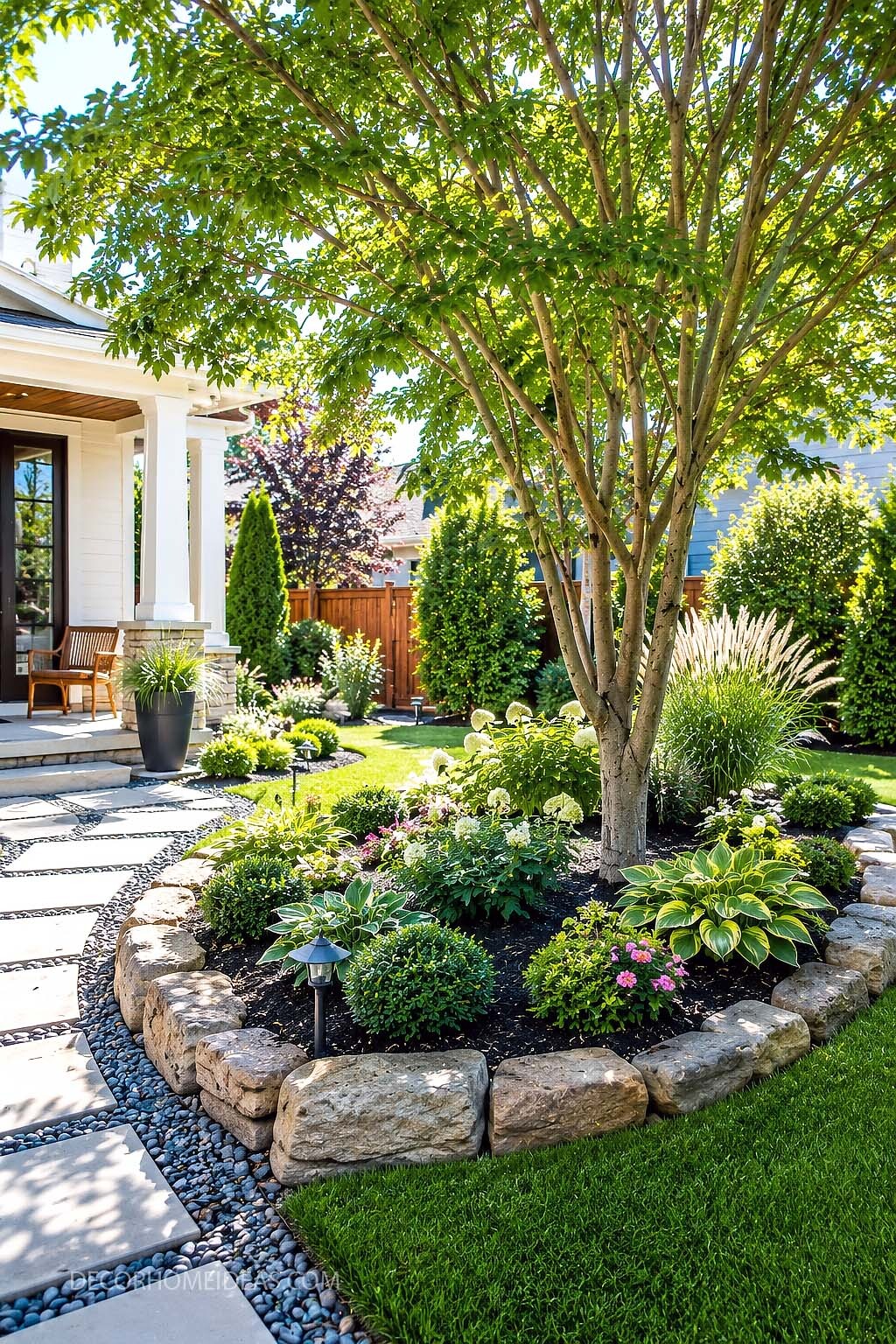 Elegant Front Yard Tree Ring Garden With Hostas and Hydrangeas