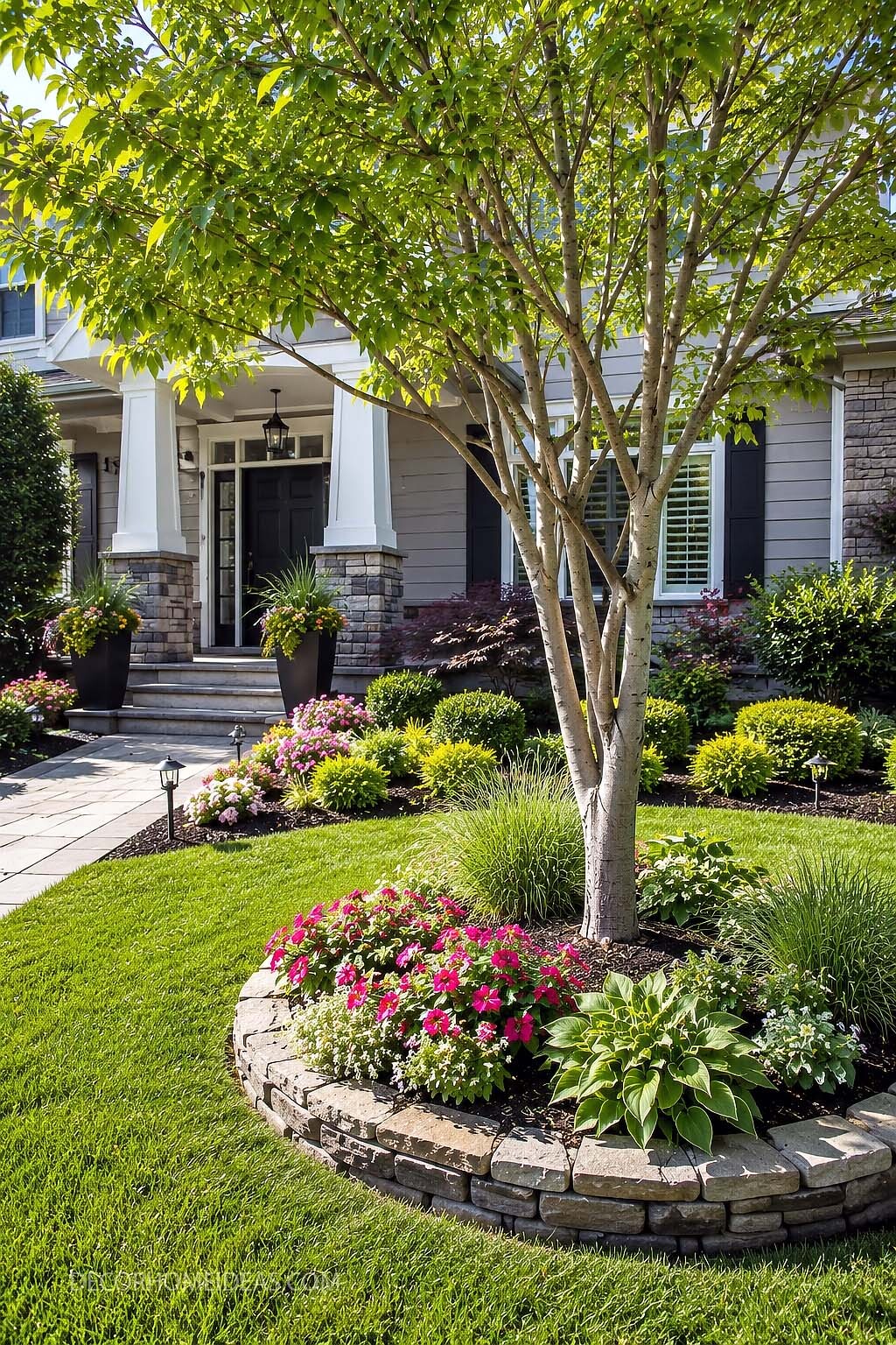 Front Yard Tree Ring Flower Bed With Hostas and Stone Border
