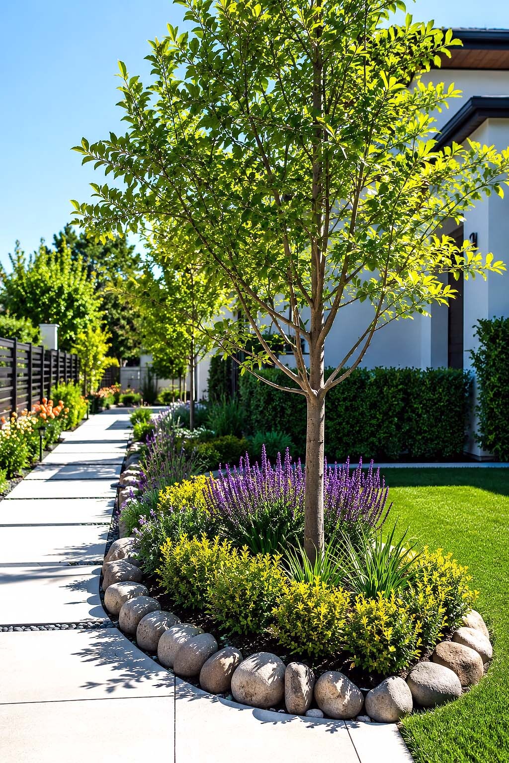 Modern Front Yard Tree Ring Garden With Lavender and Stone Edging