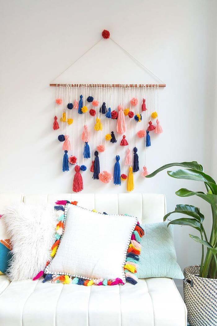 Colorful Tassel Twig and String Wall Hanging #decorhomeideas
