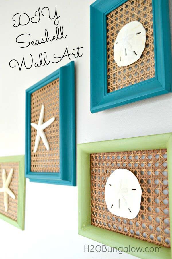 Framed Seashells with Caned Background #decorhomeideas