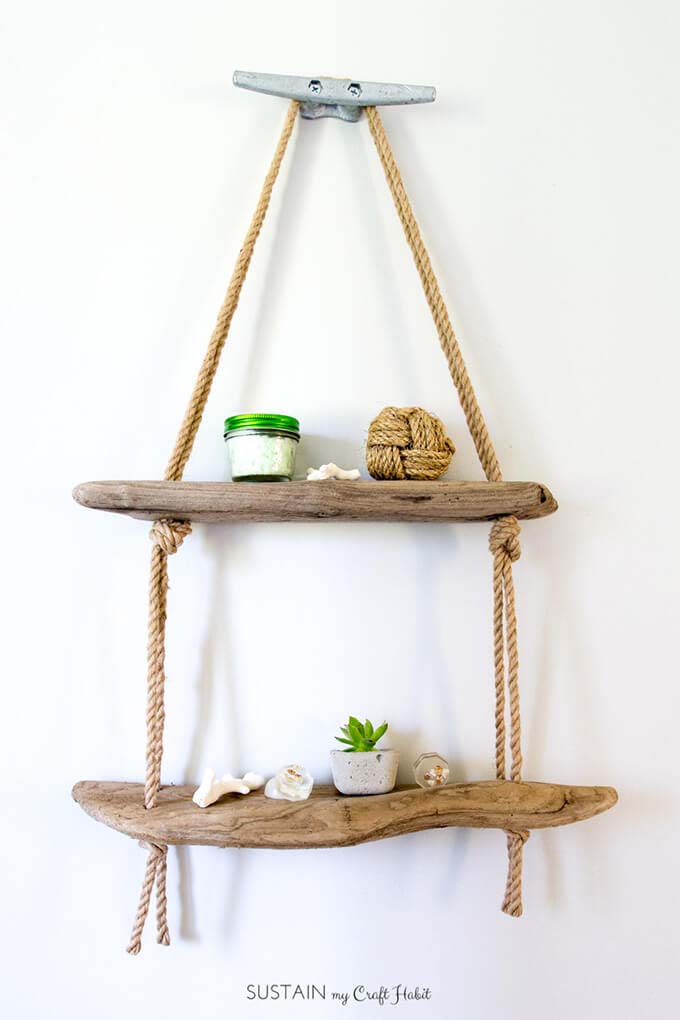 Hanging Driftwood Shelf with Nautical Hardware #decorhomeideas