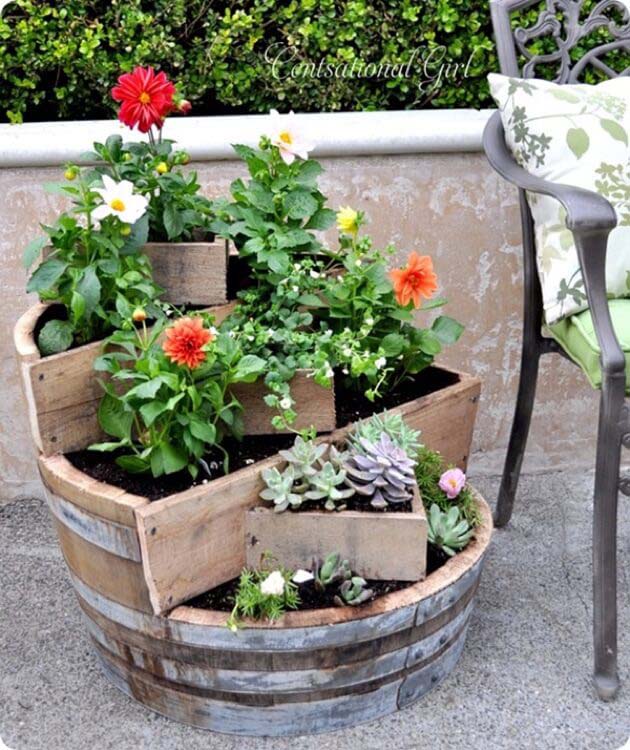 Homemade Wood Barrel Tiered Planter #decorhomeideas