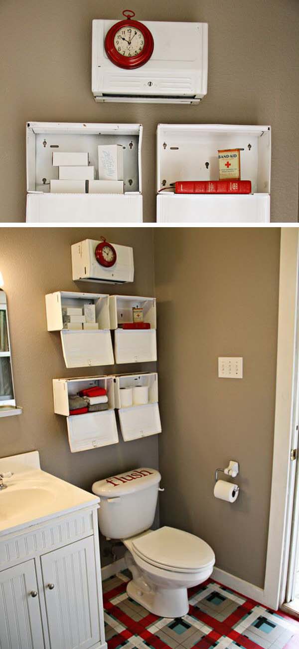 Repurposed Vintage Towel Dispenser Shelves #decorhomeideas