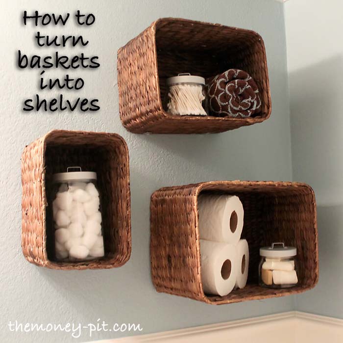 Upside Down Refashioned Basket Shelves #decorhomeideas